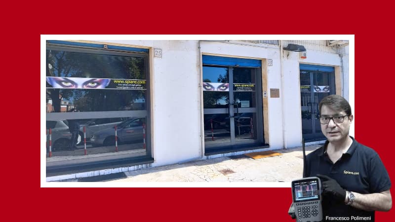 bonifica microspie, foto della nostra sede a roma montesacro talenti e il titolare francesco polimeni con in mano un rilevatore di microspia